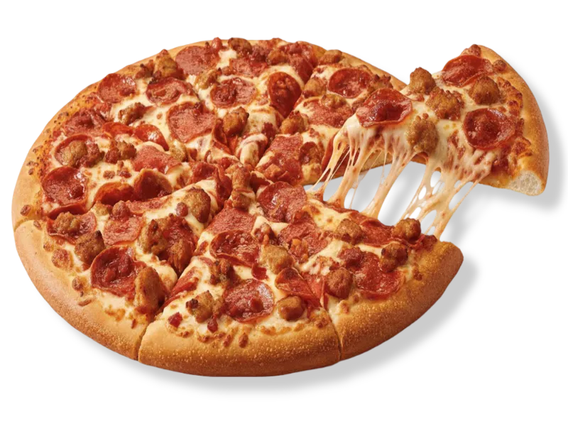 Little Caesars 3-Meat Treat pizza topped with pepperoni, Italian sausage, and bacon on a golden crust with a cheese pull.