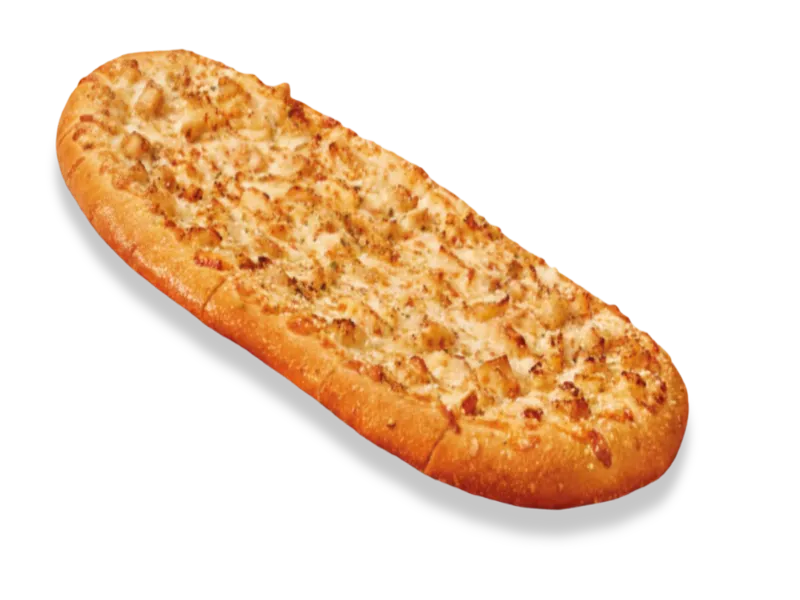 Little Caesars Cheesy Garlic Chicken Artisan-Style Pizza featuring grilled chicken chunks and garlic herb seasoning on an elongated, oval-shaped golden crust.