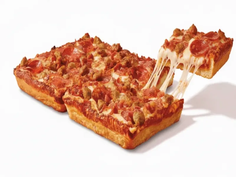 Detroit-Style Deep Dish 3 Meat Treat pizza with pepperoni, sausage, and bacon