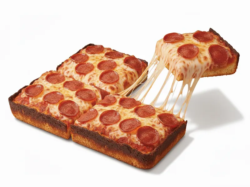 Detroit-Style Deep Dish Pepperoni pizza with crispy edges and melted cheese