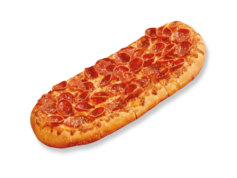 Little Caesars Double Pepperoni Artisan-Style Pizza featuring crispy cupped pepperoni on an elongated, oval-shaped golden crust.