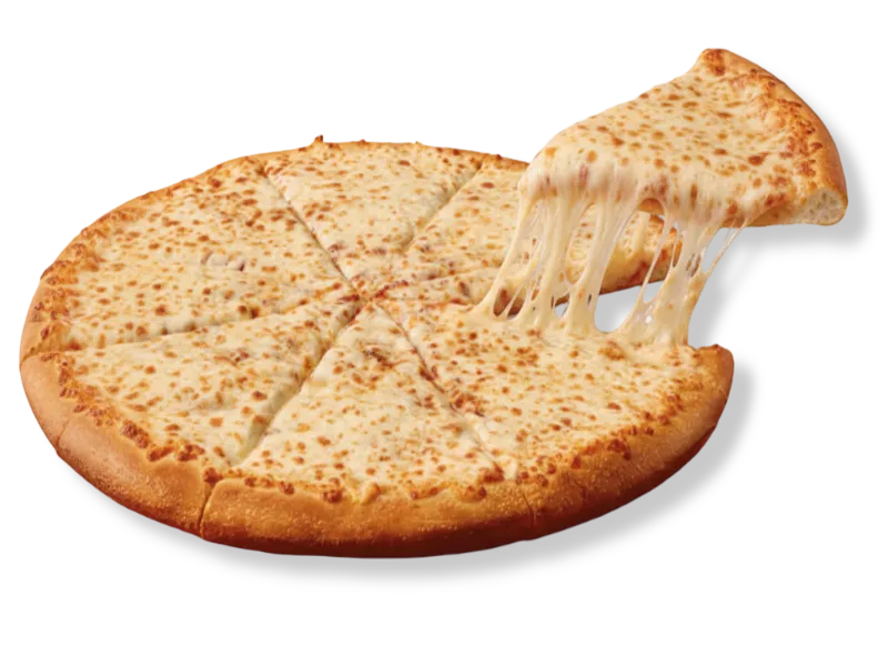 Little Caesars ExtraMostBestest cheese pizza with a large cheese pull showing the extra mozzarella on a golden crust.