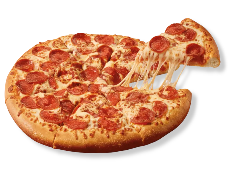 Little Caesars ExtraMostBestest pepperoni pizza with a cheese pull showing extra pepperoni and mozzarella on a golden crust.