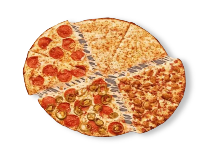 Little Caesars Fantastic Four pizza showcasing four different topping sections including pepperoni, cheese, jalapeños, and sausage.