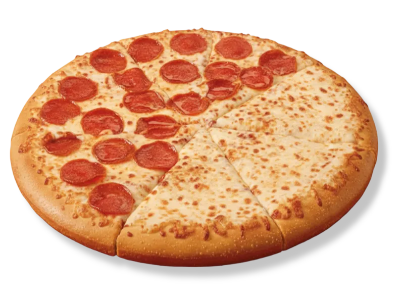 Little Caesars Half Pepperoni, Half Cheese pizza featuring a golden-brown crust with one side loaded with pepperoni and the other side plain mozzarella.