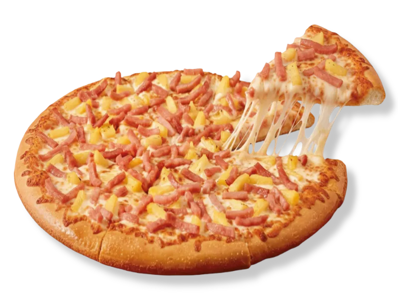 Little Caesars Hula Hawaiian pizza topped with smoky ham, sweet pineapple chunks, and melted mozzarella cheese.
