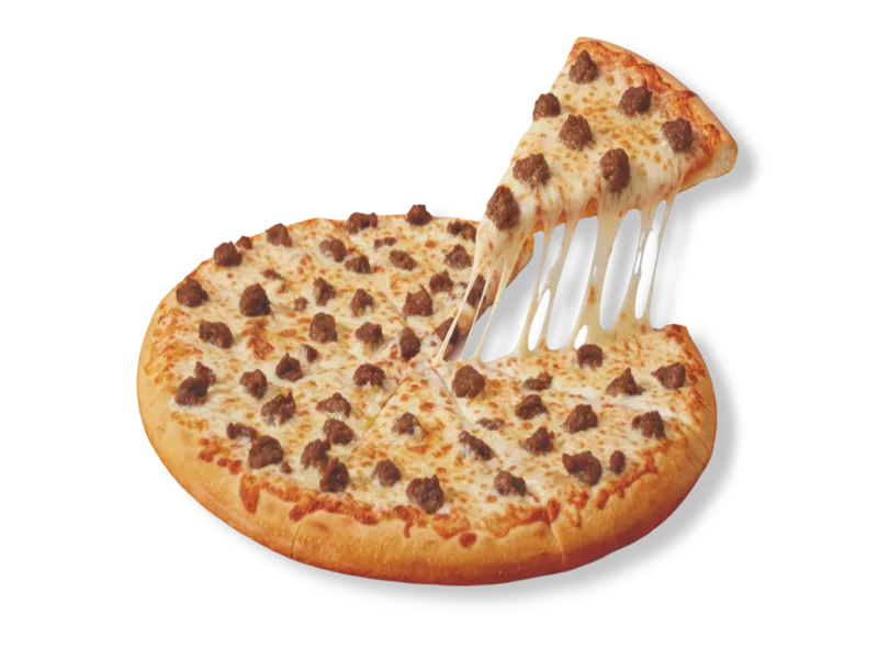 Little Caesars Large Classic Beef pizza with seasoned beef crumbles and a melted mozzarella cheese pull.