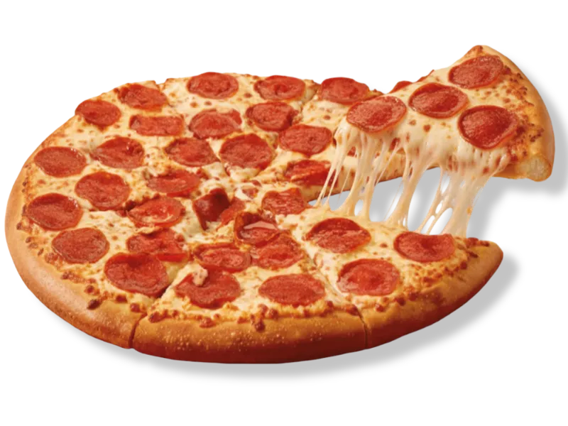 Little Caesars Large Classic Pepperoni pizza with a golden crust, melted mozzarella cheese pull, and signature pepperoni slices.