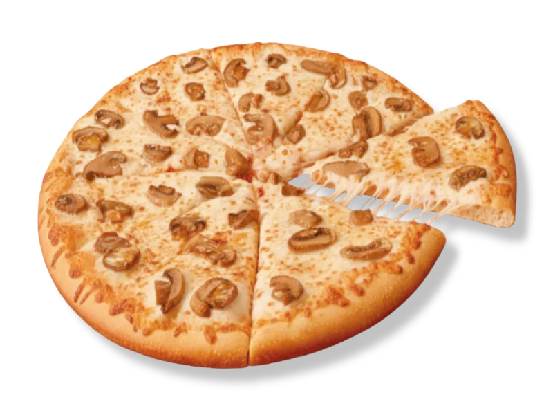 Little Caesars Large Mushroom Pizza featuring fresh sliced mushrooms and melted mozzarella cheese on a golden-brown crust.