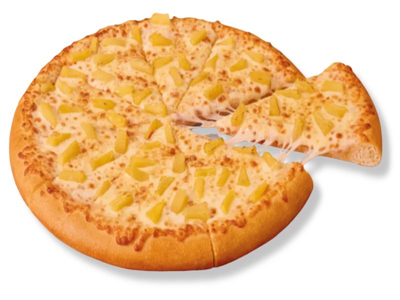 Little Caesars Large Pineapple Pizza featuring sweet pineapple chunks over melted mozzarella and Muenster cheese on a golden crust.