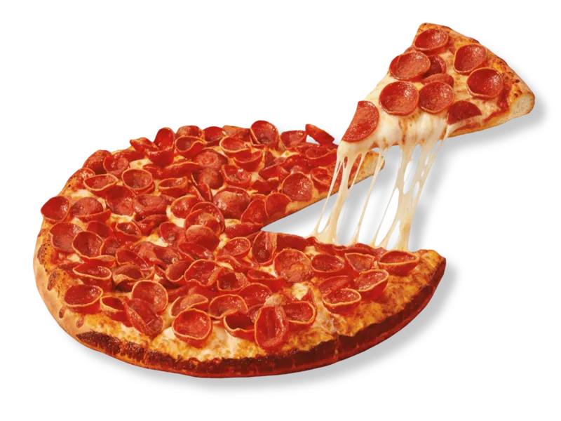 Little Caesars Old World Fanceroni Pepperoni pizza with crispy cupped pepperoni from edge-to-edge and a mozzarella cheese pull.