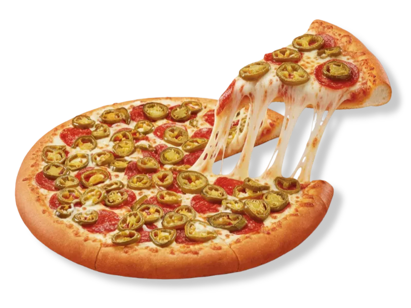 Little Caesars Pepperoni and Jalapeño pizza featuring spicy jalapeño slices, savory pepperoni, and a thick mozzarella cheese pull.