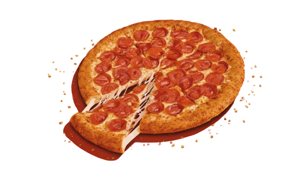 Little Caesars Pepperoni Pizza with a golden-brown crust, melted mozzarella cheese pull, and savory pepperoni slices over a red sauce background.