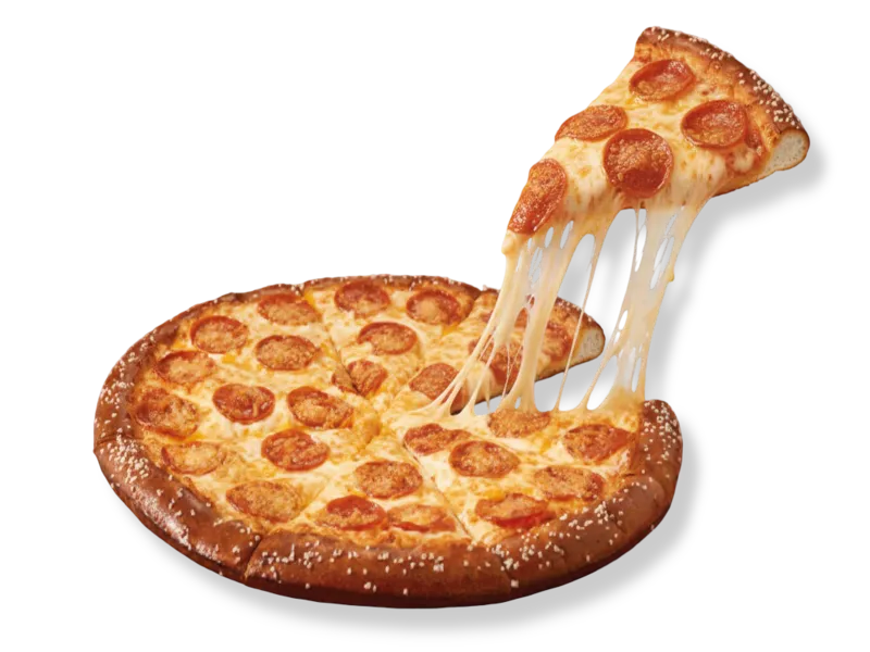 Little Caesars pepperoni pizza featuring a salted pretzel crust, traditional pizza sauce, and a long mozzarella cheese pull.