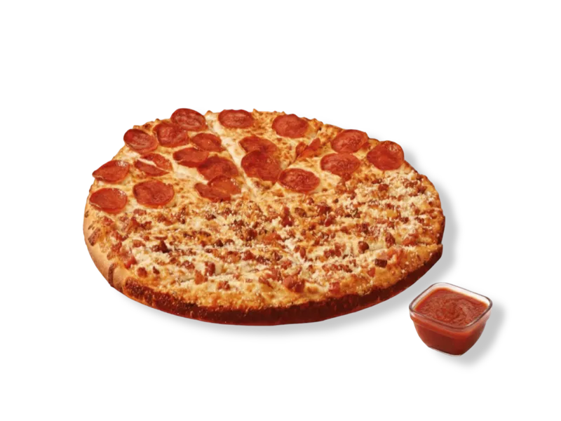Little Caesars Slices-N-Stix featuring half a pepperoni pizza and half bacon topped Italian Cheese Stix with dipping sauce.