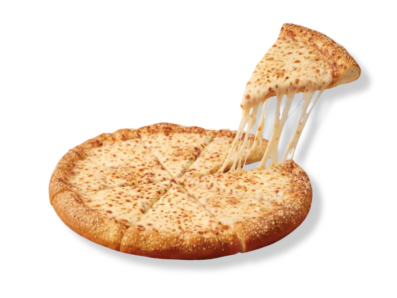 Little Caesars cheese pizza featuring a mozzarella-stuffed crust topped with savory garlic butter and parmesan seasoning.
