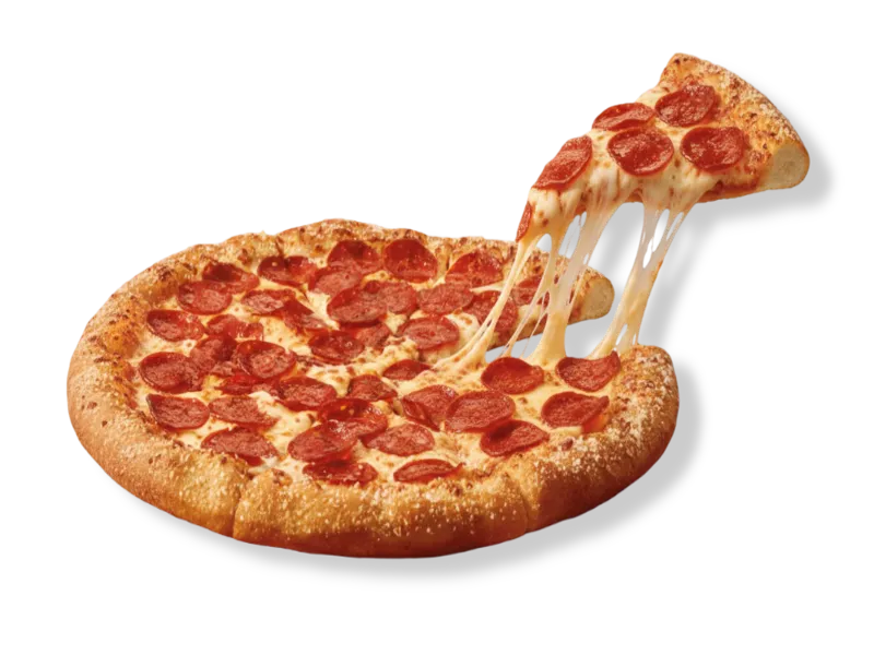 Little Caesars pepperoni pizza featuring a cheese-stuffed crust brushed with savory garlic butter and parmesan seasoning.