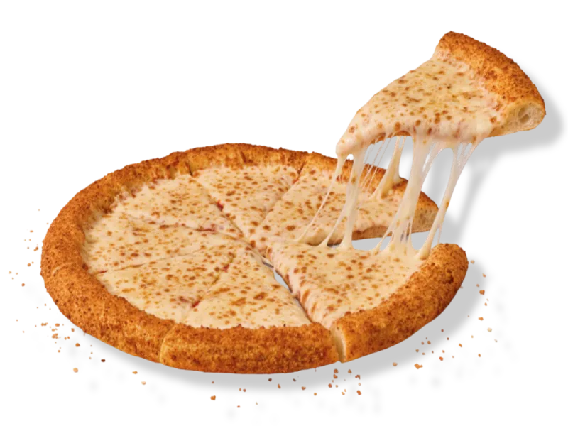 Little Caesars Stuffed Crunch Crust Cheese pizza with a crispy crust and melted mozzarella cheese pull.