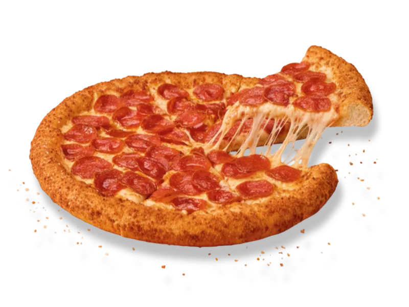 Little Caesars pepperoni pizza featuring a crispy stuffed crust and a dramatic melted mozzarella cheese pull.