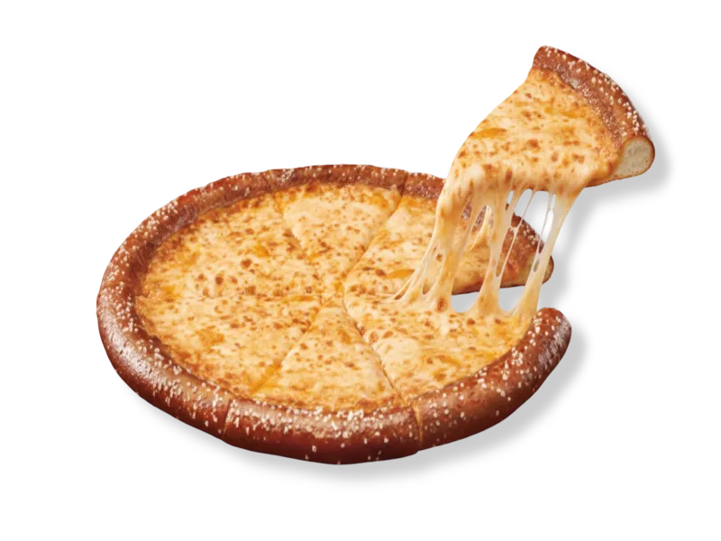 Little Caesars cheese pizza with a mozzarella-stuffed soft pretzel crust and a creamy cheddar cheese sauce base.