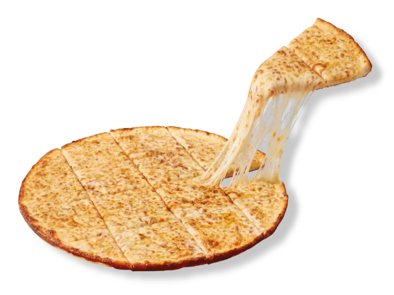 Little Caesars thin crust cheese pizza with an extra-crispy edge-to-edge crust and a gooey mozzarella cheese pull.