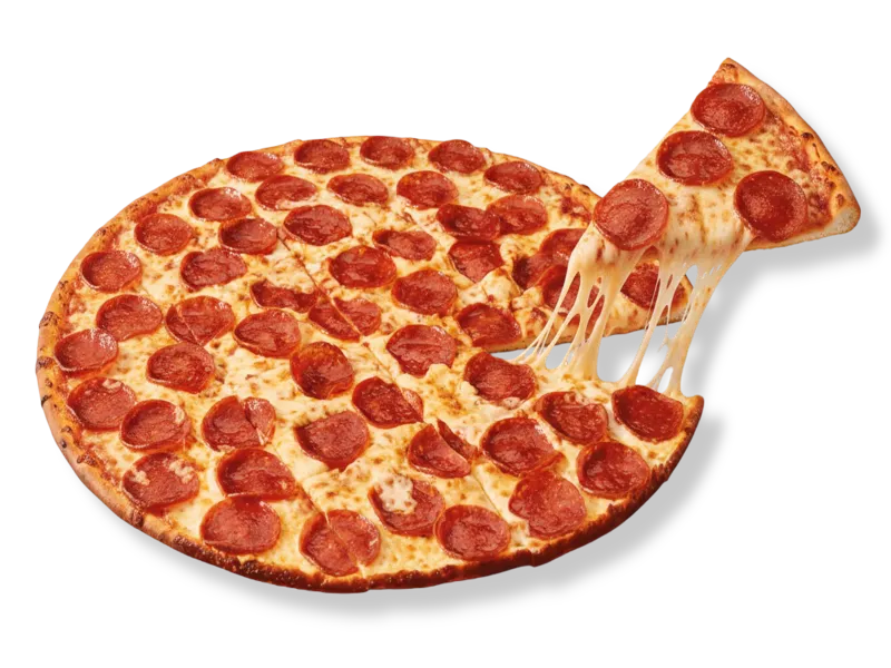 Little Caesars thin crust pepperoni pizza featuring a crispy edge-to-edge crust and melted mozzarella cheese pull.