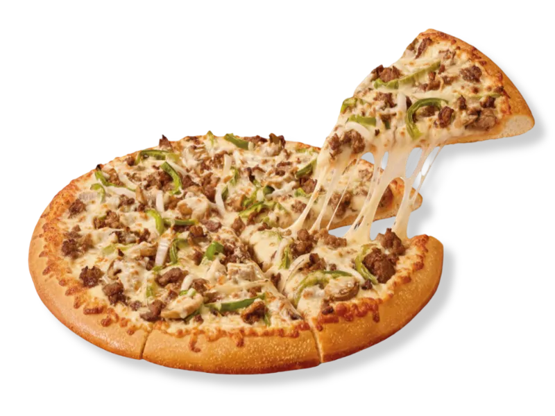 Little Caesars Ultimate Cheesesteak Pizza featuring tender shaved steak, green peppers, and onions over a savory cheese sauce.