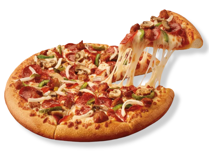 Little Caesars Ultimate Supreme pizza topped with pepperoni, Italian sausage, mushrooms, green peppers, and onions on a golden crust.