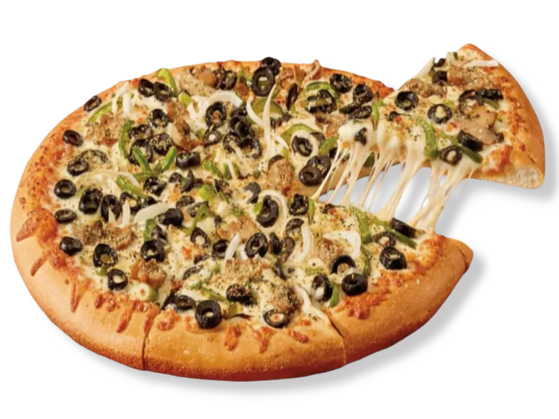 Little Caesars Veggie pizza topped with green peppers, onions, mushrooms, and black olives with a mozzarella cheese pull.