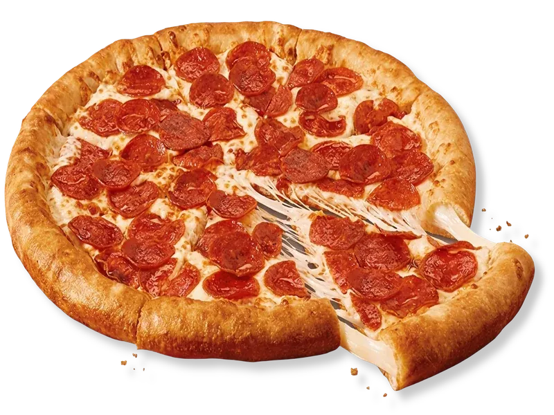 Little Caesars Stuffed Crust Pepperoni pizza with a golden, cheese-stuffed outer crust edge, melted mozzarella cheese pull, and savory pepperoni slices.